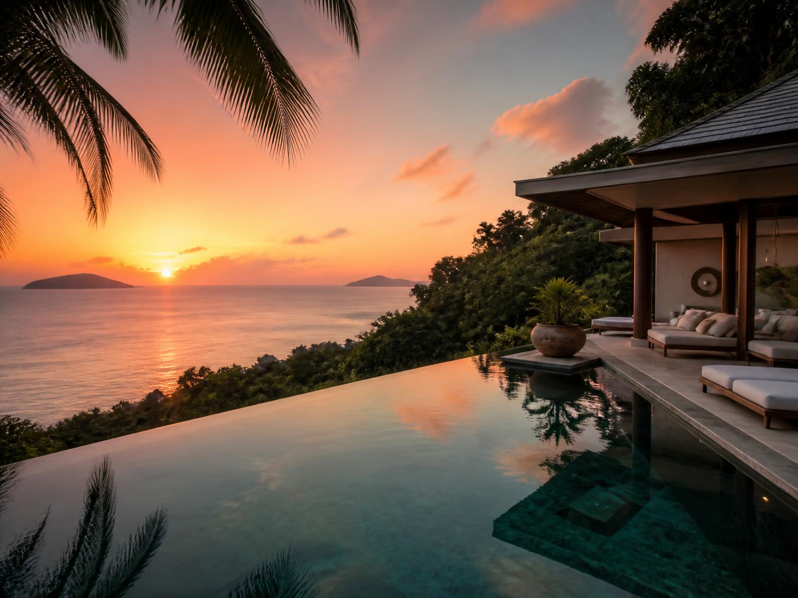 Infinity pool overlooking the turquoise sea at sunrise