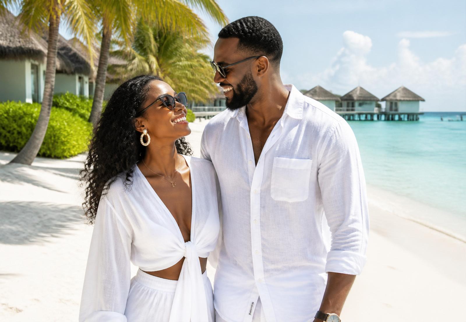 Couple on a white sand beach beside overwater villas